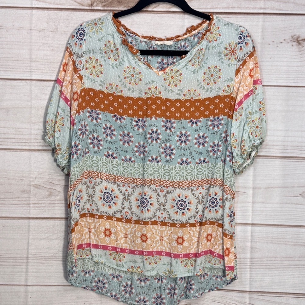 Les Amis Blouse Womens Large Multicolor Boho Floral V-Neck Short Puff Sleeve Top